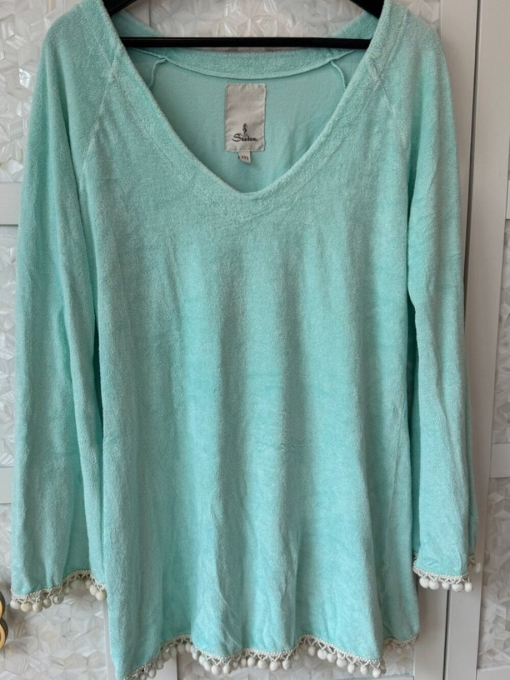 Swim and Beach Coverup Turquoise in Soft Terry Cloth with White Pom Poms Medium